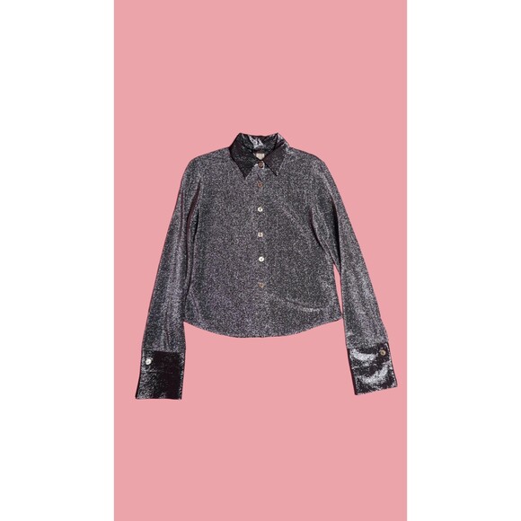 1990s-Y2K EYE CANDY Silver LUREX Glitter. Sparkle. Button Up Blouse. S-M. AS IS - Picture 1 of 8